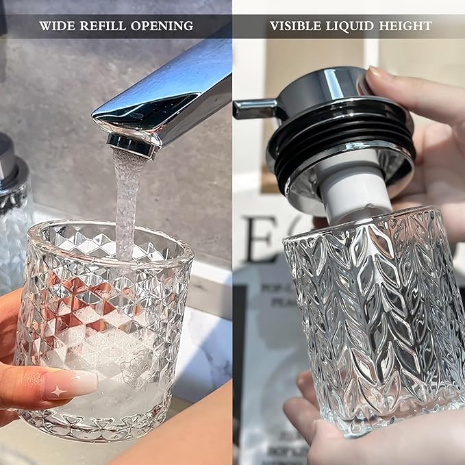 Foaming Soap Dispenser 2 Pack, Foam Hand Soap Dispenser for Bathroom Kitchen Liquid Refillable Clear Glass Bottles with Silver Pump(Diamond Pattern-Clear)
