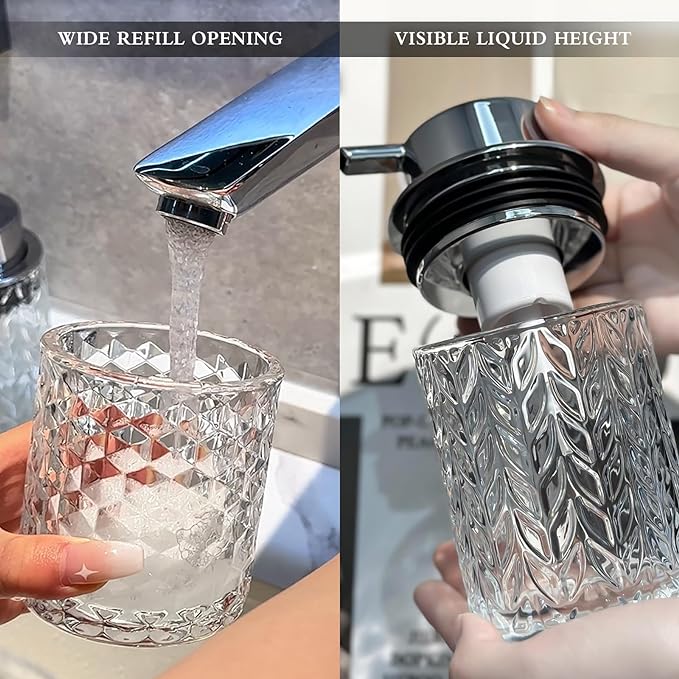 Foaming Hand Soap Dispenser, Glass Foam Soap Dispenser or Lotion Dispenser for Kitchen & Bathroom Refillable Clear Glass Liquid soap Dispenser with Large Silver Pump-1 Pack