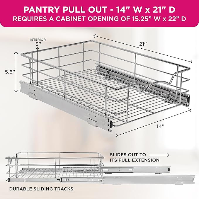 HOLDN’ STORAGE Heavy-Duty Premium Collection Pull Out Cabinet Organizer, Cabinet Drawer Slide Outs, Lifetime Limited Warranty - Basket Size 14" W x 21" D x 5" H, Anti-Rust Chrome Finish | Heavy-Duty, Premium Collection, Slide Out Caddy, Anti-Rust