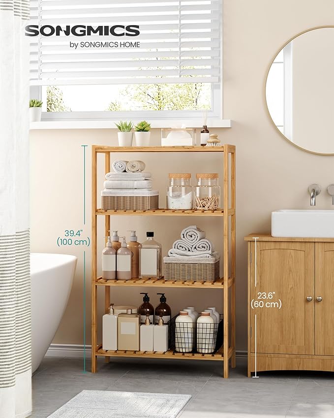 SONGMICS Bamboo Storage Shelf, 4-Tier Shelving Unit, Multifunctional, in The Entryway, Bathroom, Living Room, Balcony, Kitchen, 10.2 x 23.6 x 39.4 Inches, Light Bamboo UBCB034Y01