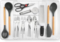 Masirs Expandable Utensil Drawer Organizer - BPA-Free Plastic Clear Silverware Tray with Multiple Compartments - Non-Slip Cutlery Storage for Kitchen, Bathroom, or Office Drawers (Clear)