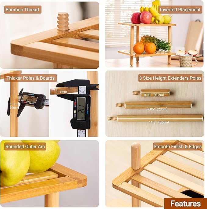 2-Tier Cabinet Organizer Shelf - Bamboo Corner Rack for Kitchen Counter, Cabinet Space Saver for Plates, Dishes, Bowls, Bread - Pantry and Bathroom Storage or Countertop(1, 6.7" H-Large)