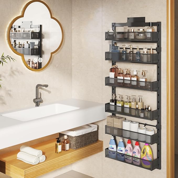 Pantry Door Organizers and Storage, 6-Tier Large Metal Heavy-Duty Frame Over the Door Spice Rack, 2 in 1 Wall-Mounted or Hanging shelf for Kitchen, Bathroom, Laundry Room, Bedroom, Closet &Nursery