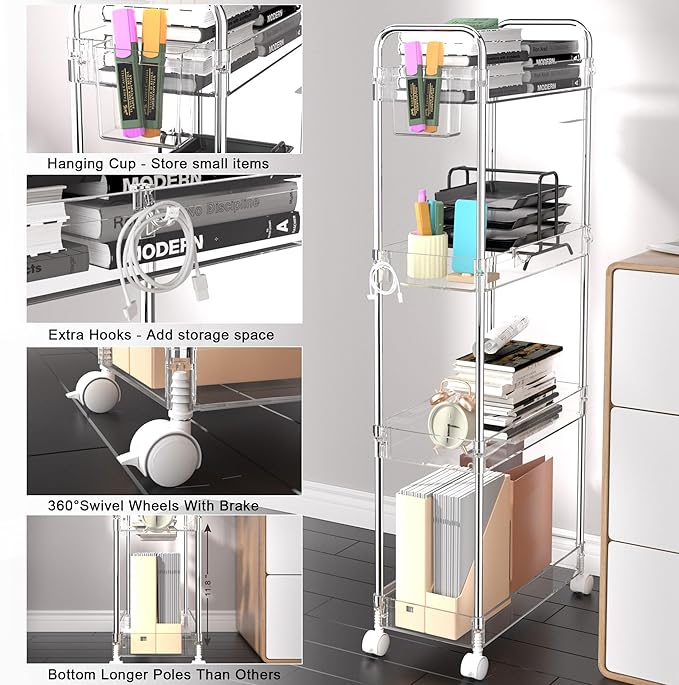 SPACEKEEPER Acrylic Rolling Storage Cart 4 Tier Clear Bathroom Cart Organizer, Transparency Rolling Utility Cart Laundry Room Organization Multifunction Mobile Shelving Unit for Office, Living Room