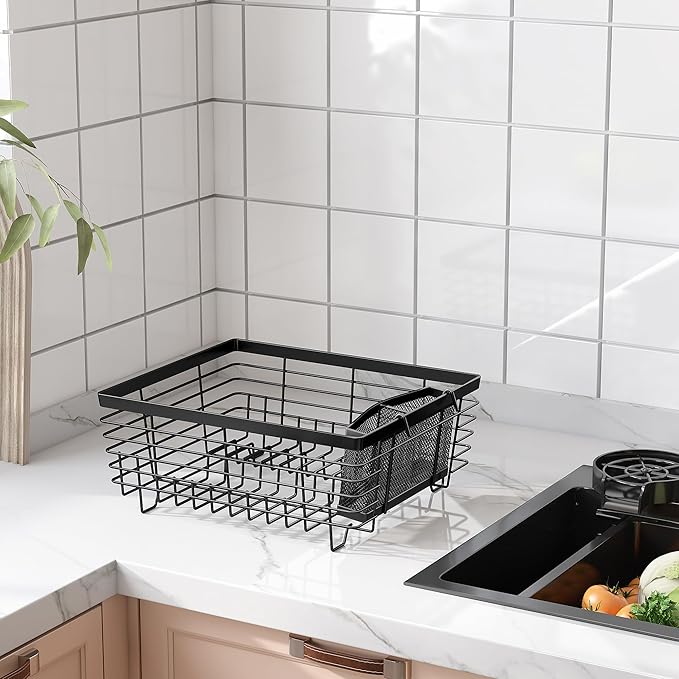 TQVAI Kitchen Dish Drying Rack Metal Dish Drainer with Full-Mesh Silverware Utensils Basket Holder, Black