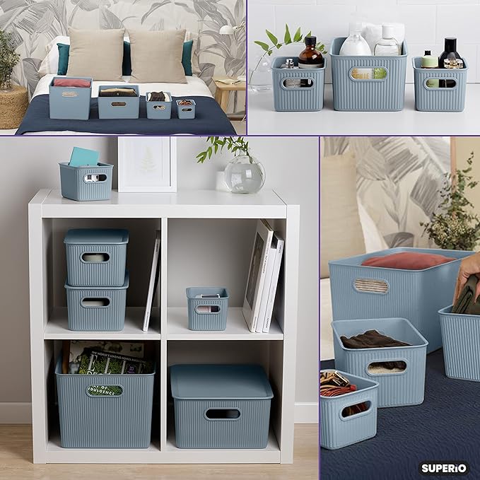 Decorative Plastic Basket Open Home Storage Bins Organizer Baskets, Blue (Set of 3) 1 Medium, 2 Small - Container Boxes for Organizing Closet Storage Bins for Shelves Drawer Shelf - Ribbed Collection