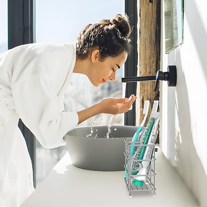 HBlife Medium Toothbrush Holder for Bathroom, 7 Slots Silver Stainless Steel Bathroom Accessories Organizer for Small Spaces