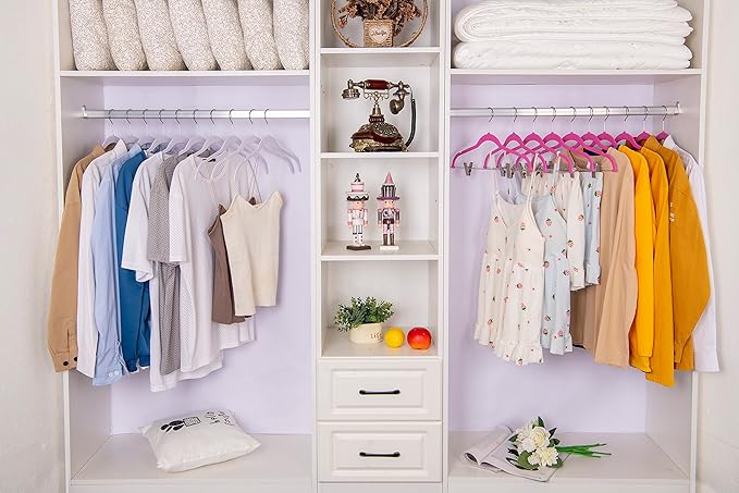 80 Pack Pink Quality Plastic Non Velvet Non-Flocked Thin Compact Coat Hangers with Metal Clips for Skirts Pants Blouses 360° Swivel Hook
