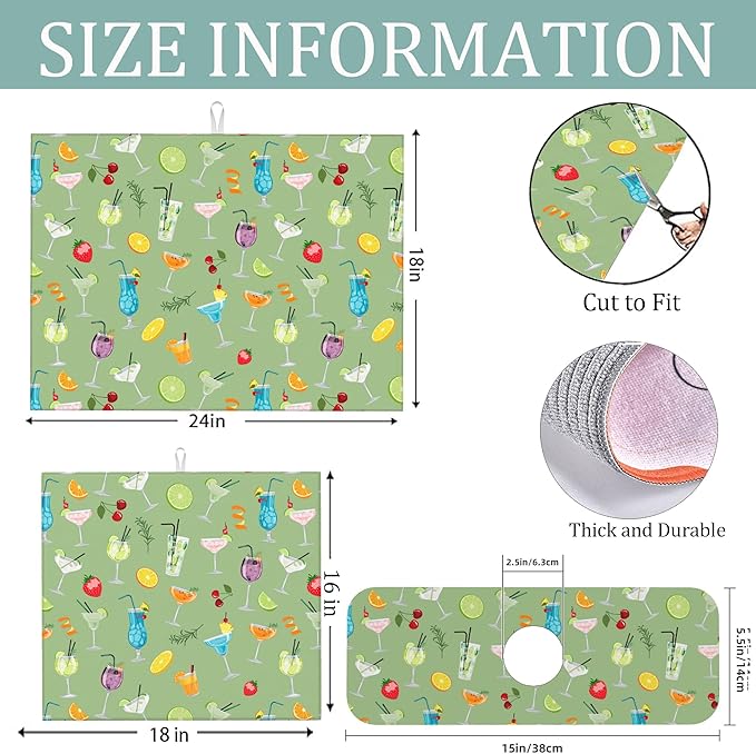 3Pcs Cocktail Dish Drying Mat & Kitchen Sink Splash Guard Faucet Mat For Kitchen Counter Absorbent Microfiber Dishes Pad Dish Drainer Rack Mats Fast Dry Kitchen Accessories