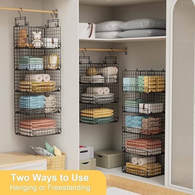 5 Tier Hanging Closet Organizer with Adjustable Dividers, Heavy-Duty Storage Shelves for Clothing, Kitchen, Laundry Room, Extra Large Baskets, 15.7" W x 11.8" D x 51" H, Black