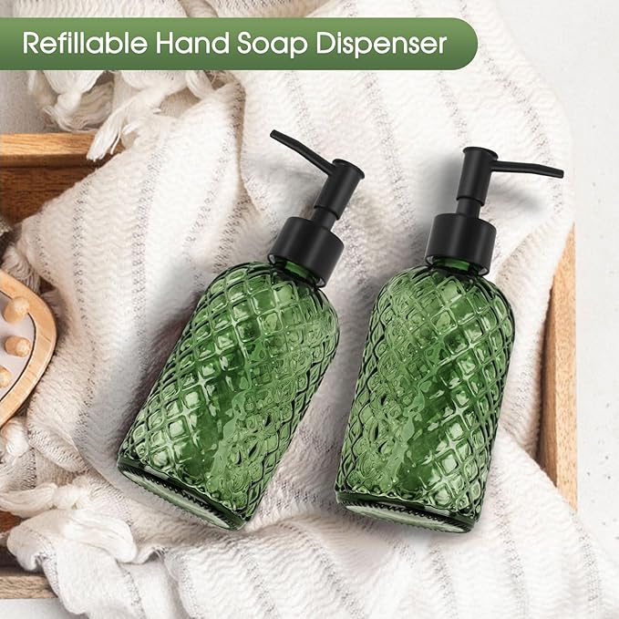 2 Pack Gem Glass Soap Dispenser with Black Plastic Pump, 13oz Liquid Hand Soap Dispenser, Rustproof Pump for Kitchen & Bathroom, Great for Lotions, Essential Oil, Liquid Soaps-Army Green