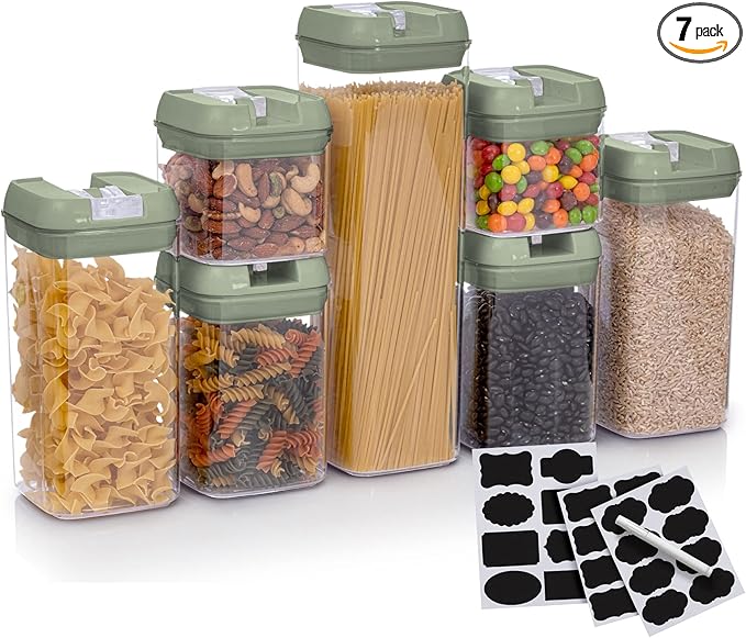 Set of 7 Airtight Food Storage Containers - Pantry Organizer Bins, BPA Free Plastic Containers plus Dry Erase Marker and Labels, Olive Green