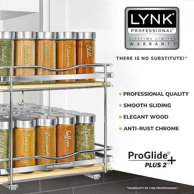 LYNK PROFESSIONAL® Élite™ Pull Out Spice Rack Organizer for Inside Kitchen Cabinets - 10-3/8 inch Wide - Slide Out Drawer – Wood/Chrome Sliding Spice Organization for cabinet - Spice Racks - 2 Tier