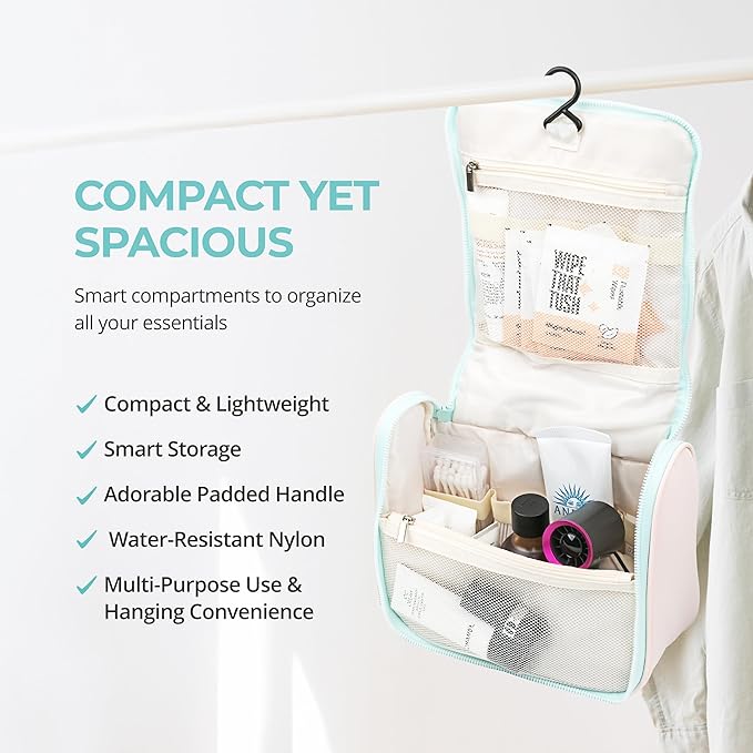 Tuck Hanging Toiletry Bag - Water-Resistant Travel Makeup Organizer with Spacious Compartments & Padded Handle for Women (Blush Petal & Mint) (Tuck Hanging Toiletry Bag)