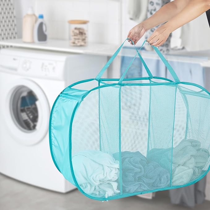 Mesh Popup Laundry Hamper 3 Compartment Sortable Horizontal Collapsible Laundry Basket for Clothes Laundry Room Bedroom Toys Travel (Turquoise Blue)