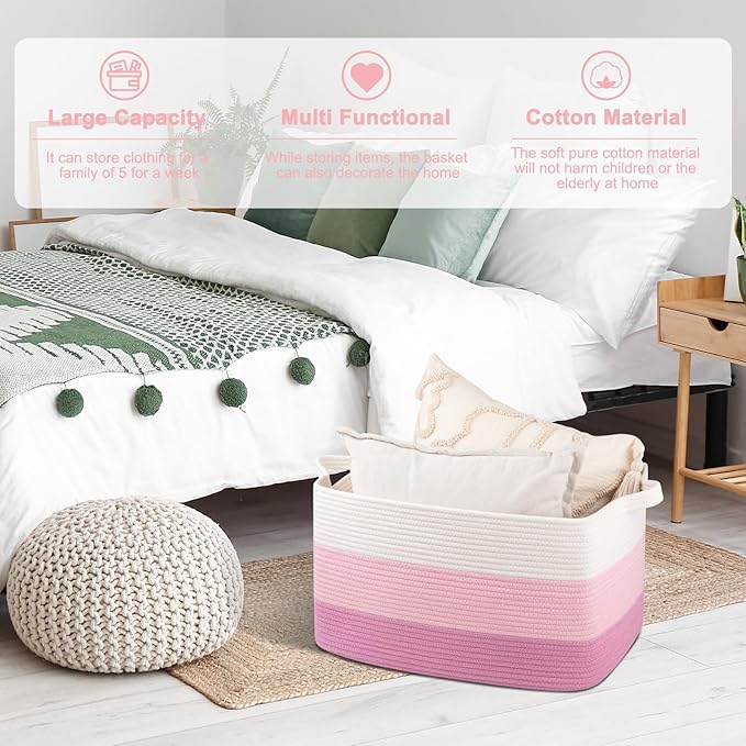 OIAHOMY Large Storage Basket, Cotton Rope Woven Blanket Basket, Toy Bin for Baby Room, Container for Blanket Storage in Living Room, 20''×16''×12'', Gradient Pink