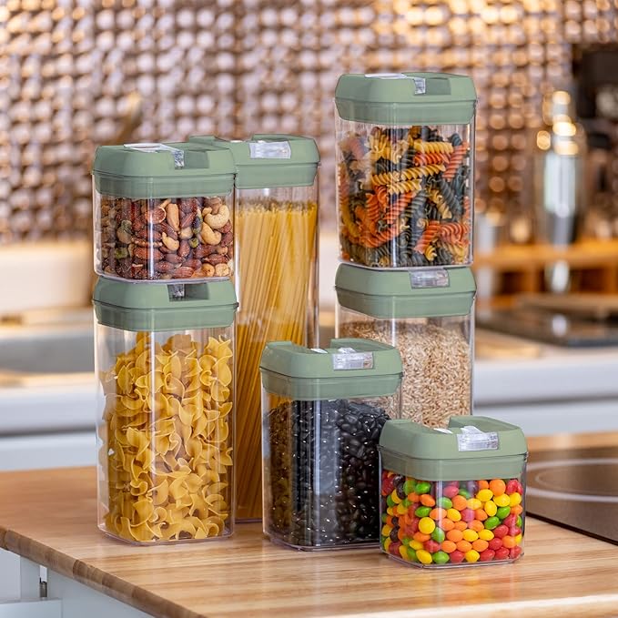 Set of 7 Airtight Food Storage Containers - Pantry Organizer Bins, BPA Free Plastic Containers plus Dry Erase Marker and Labels, Olive Green