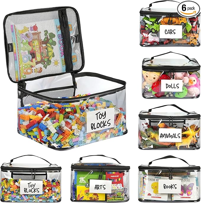 6-Pack Extra Large Toy Storage Bags with Zippers & Labels, Reusable Clear TPU Waterproof Organizer for Kids Toys, Building Blocks, Puzzles, Dolls, Board Games - Durable, BPA-Free, Travel-Friendly