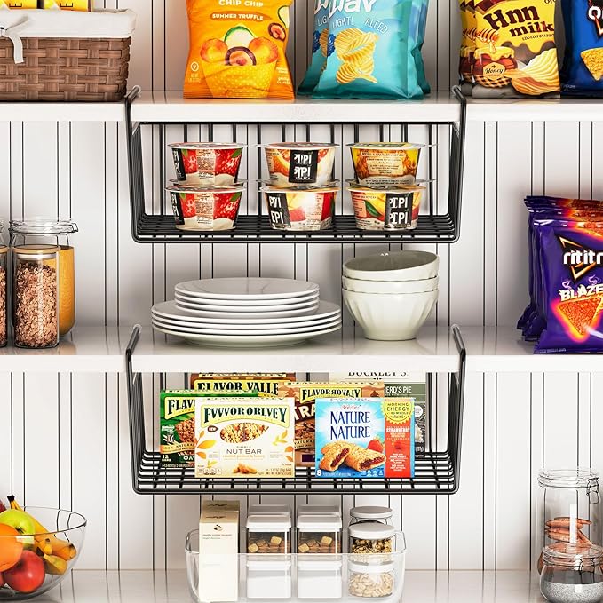 SUFAUY 6-Pack Under Shelf Basket Storage, Wire Shelves for Storage and Organization, Under Cabinet Paper Plate Dispenser Organizer Holds up to 22lbs for Pantry Closet, 10.6“d x 16" w, Black