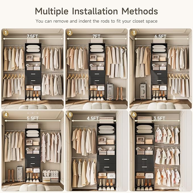 W2 Closet System with 2 Drawers, 3.5FT-7.7FT Closet Organizer System with 4 Chrome-Plated Telescopic Rods & 5 Adjustable Shelves, Custom Wood Walk-In Closet Clothing Rack, Black
