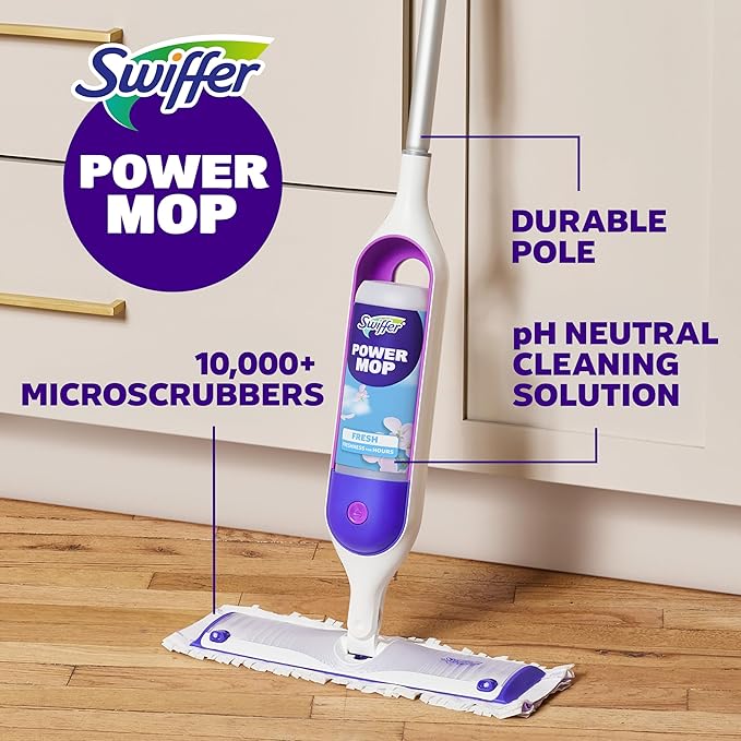 Swiffer PowerMop Multi-Surface Mop Kit for Floor Cleaning, Includes PowerMop, 2 Mopping Pad Refills, 1 Cleaning Solution with Fresh Scent and 2 Batteries