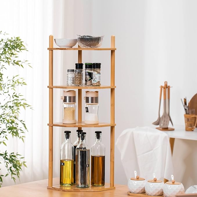 Expandable Bamboo Corner Shelf - Dish/Plate Organizer for Cabinet, Kitchen Counter Shelf & Small Kitchen Shelf, Adjustable (1, 3Tier-11.4" H)