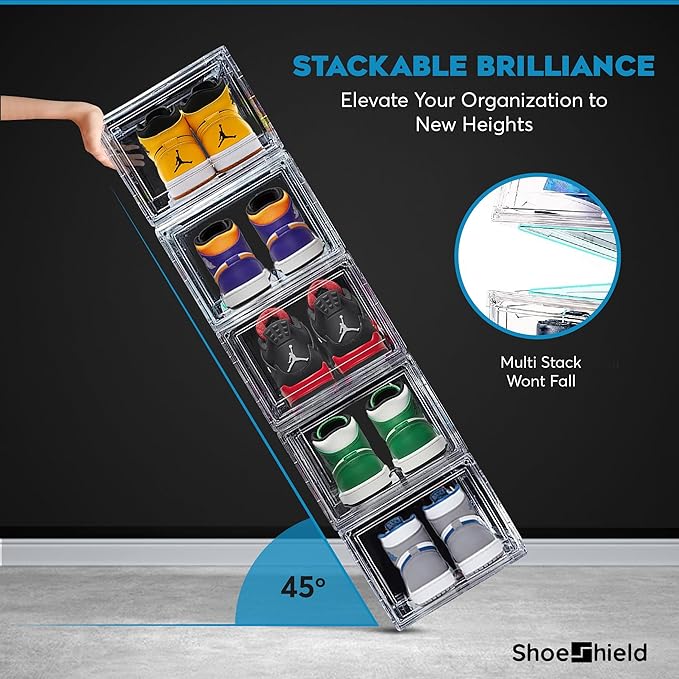 Ultra All Clear Shoe Boxes Plastic Stackable Professional Grade Shoe Display Case with Magnetic Front Drop Door Open Easy Assembly Modern Shoe Sneaker Display Case Fits US Size 14
