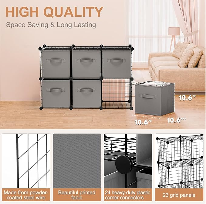 Leinuosen 6 Cube Storage Organizer with Fabric Bins, Wire Grid Stackable Shelves, Drawer Closet Organizer, Modular Storage Units for Bedroom Living Room Office Clothes Toys Crafts(Black,Gray)