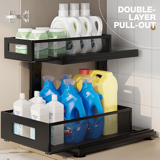 Corbyles 2 Pack Under Sink Organizer with Next-Gen Ball-Bearing Slides,2-Tier Pull Out Cabinet Storage,Height Adjustable Drawer Shelf for Bathroom,Kitchen,Laundry,Cabinet,Pantry(Patent Pending)