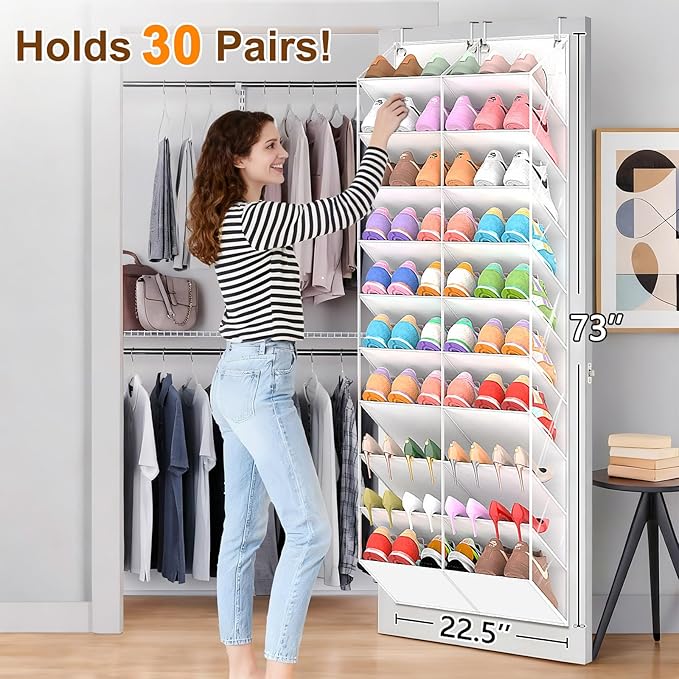 20-30 Pairs Over the Door Shoe Organizer, Clear Pockets Hanging Shoe Storage for Closet, 10-Tier Door Shoes Rack, Handing Shoes Holder Fit All the Family's Sneakers, Boots, Heels, White