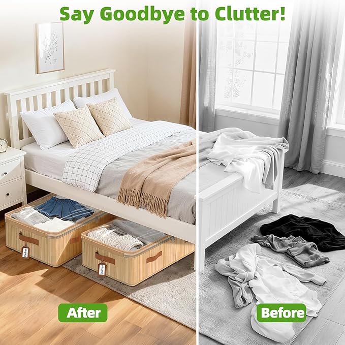 Livole 3 Pack Bamboo Under Bed Storage with Wheels, 6 inches Underbed Storage Containers, 56L XXL Rolling Under Bed Storage Bins with Clear Lid & Label for Clothes, Blankets, Sweater, Shoes
