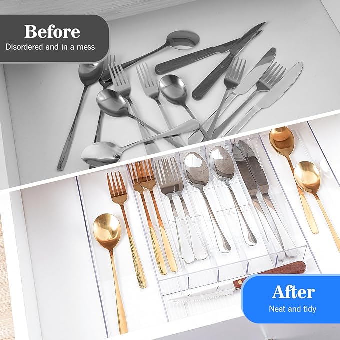 HOMEE Expandable Kitchen Drawer Organizer for Flatware & Utensils, Acrylic Cutlery Organizer, Desk Drawer Organizer