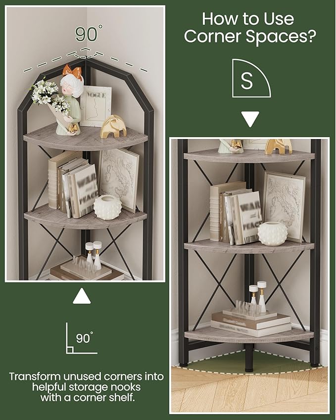 3-Tier Corner Shelf, Industrial Corner Bookshelf, 35.4" Storage Stand, Plant Stand Display Shelf, Bookcase for Bedroom, Living Room, Home Office, Greige and Black TCJ03BG