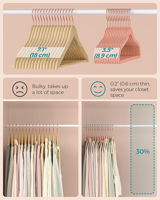 SONGMICS Slim Velvet Hangers, Non-Slip Clothes Hangers with Rose Gold Swivel Hooks, Space-Saving, for Closet, 100 Pack, Pink UCRF026R100