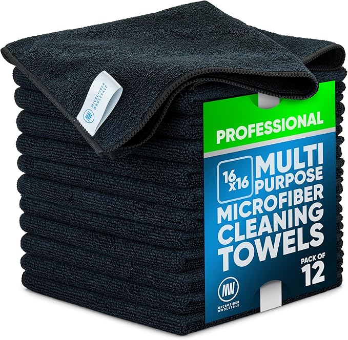 Microfiber Wholesale MW Pro Multi-Surface Microfiber Towel – 12 Pack | Premium Cleaning Cloth | Clean, Dust, Polish, Absorb | Large 16"x16" (Black)