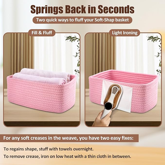 5-Pack Small Woven Rope Storage Baskets – 2 Sizes Organizer Bins for Closet, Shelf, Bookshelf, Nursery, Changing Table, Fabric Cube Boxes, Rectangular Shallow Bins for Bathroom, Toy & Home