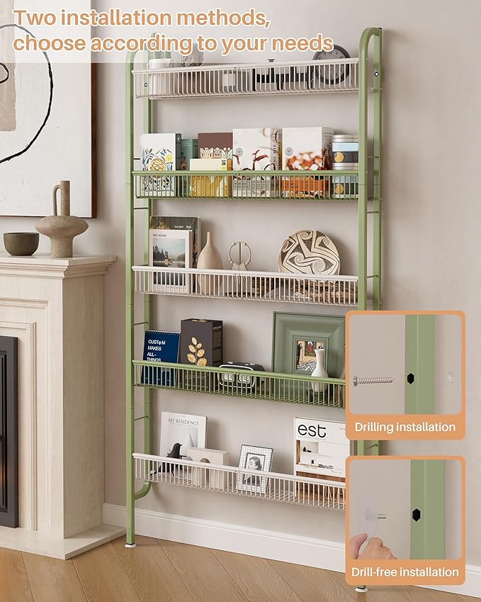UMDONX Behind The Door Bathroom Shelf Narrow 5-Tier, Space-Saving Slim Storage Shelf Narrow Shelving Unit for Bathroom and Kitchen White+Green
