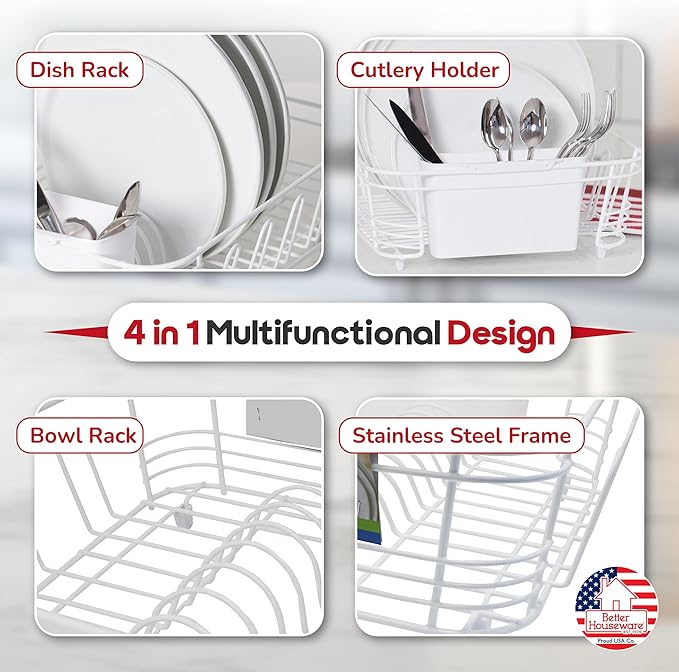 Better Houseware Dish Drying Rack, Space-Saving Dish Drainer Rack for Kitchen Counter, Coated Steel Kitchen Dish Strainer 2-Piece Set with Utensil Holder, White