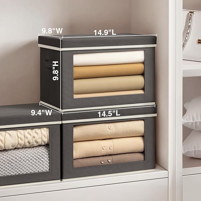 Stackable Storage Bins with Lids - Medium Storage Box with Lids, Foldable Closet Boxes for Organizing, Wardrobe Clothes Organizer with Window, Cubes Bins for Living Room, 5 Pack, Dark Grey