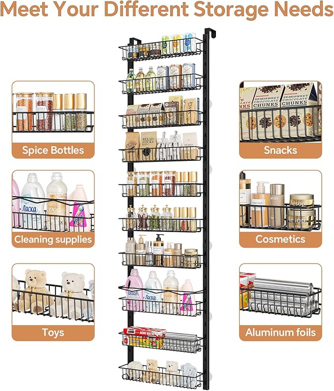 MIAOLI Over the Door Pantry Organizer, 10-Tier Adjustable Spice Rack Cabinet Door Shelves, Hanging Seasoning Organizer for Kitchen Bathroom, Laundry Room Organization, Black