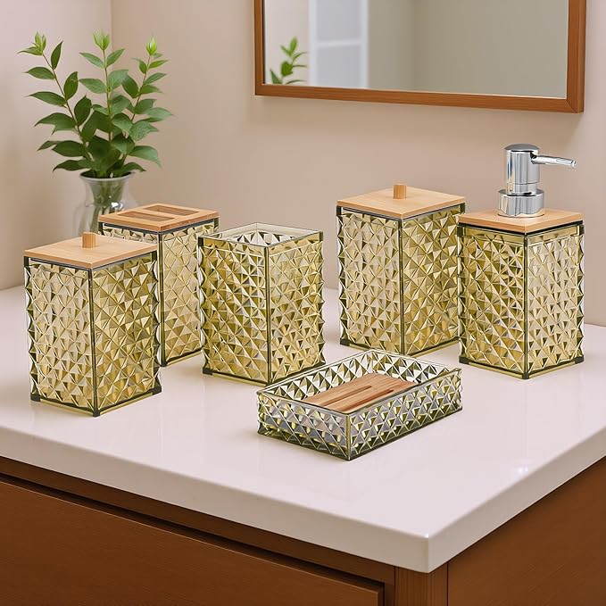 Bathroom Accessory Set,6 Pcs Beige Bathroom Set Include Soap Dispenser, Qtip Holder Dispenser, Soap Dish,Toothbrush Holder & Mouthwash Cup.Boho Bathroom Set