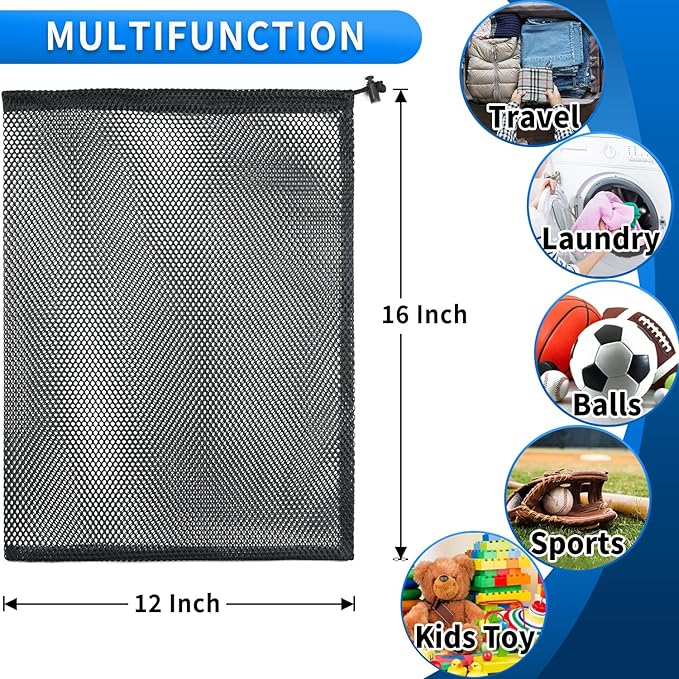 10 Pcs Mesh Drawstring Bag 12" x 16" with Cord Lock Closure, Heavy Duty Nylon Durable Mesh Bag for Laundry Swimming Gym Travel Beach Toys Mushroom Foraging (Black)