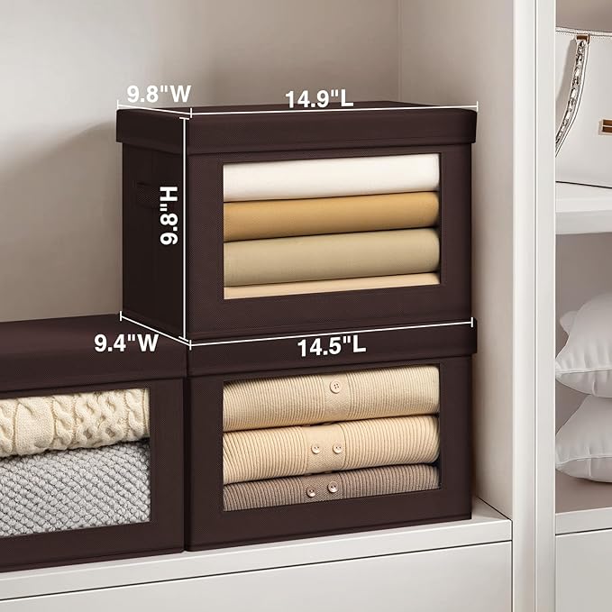 Stackable Storage Bins with Lids - Medium Storage Box with Lids, Foldable Closet Boxes for Organizing, Wardrobe Clothes Organizer with Window, Cubes Bins for Living Room, 5 Pack, Brown