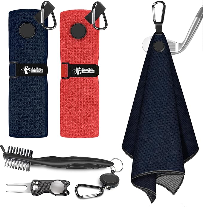 2 PCS Magnetic Golf Towels with Brush and Divot Tool, Microfiber Golf Towel with Wire Cleaning Cloth for Men, Industrial Strength Magnet for Strong Hold to Golf Bags, Carts or Clubs (Black Red)