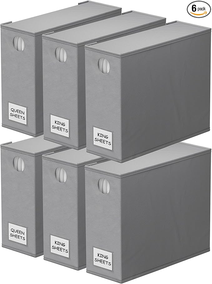 SpaceAid 6 Pack Bed Sheet Organizers and Storage, Foldable Sheet Organizer for Linen Closet, Sheets Set Folder Keeper with Window XL (Queen & King Size) Bedding Container (Gray, 6 Pack)