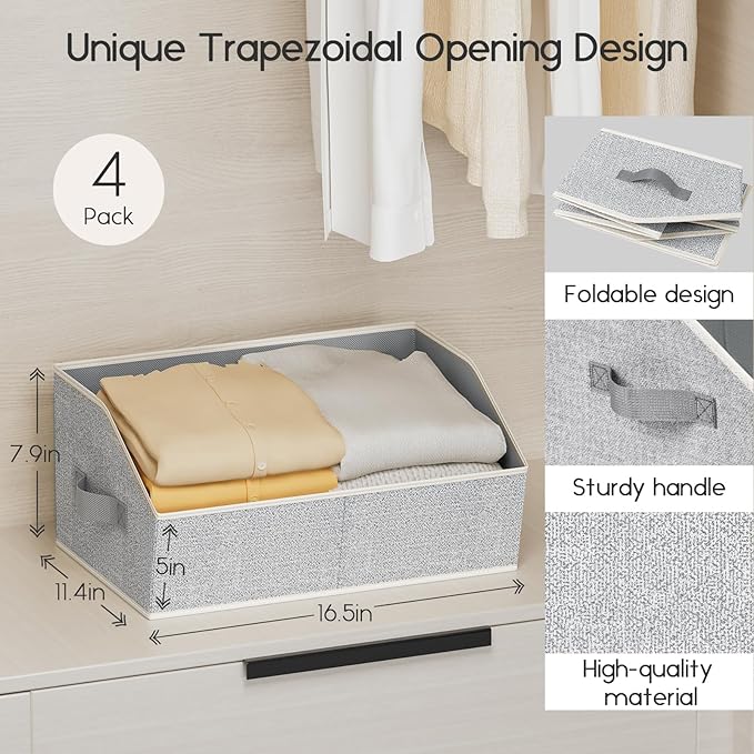 Large Closet Organizers and Storage Bins - 4 Pack Trapezoid Storage Baskets for Shelves, Foldable Fabric Baskets with Handles Ideal for Closet, Basket, Wardrobe and Shelf Storage, Light Grey