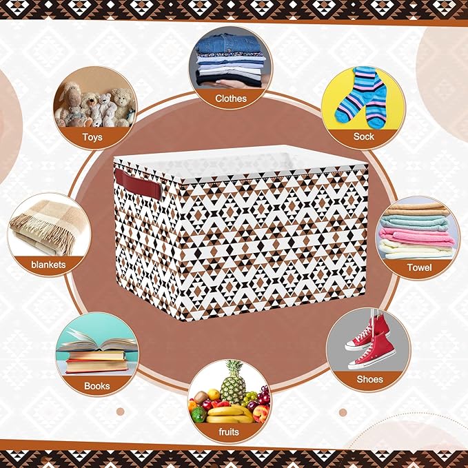 Boao 3 Pack Western Aztec Geometric Storage Bins, Large Foldable Canvas Gift Baskets with Handles, Boho Rustic Laundry Basket for Nursery Home Office Organization, Closet, Bedroom & Living Room Decor
