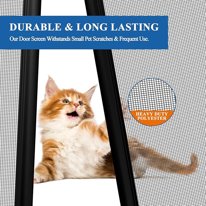 Magnetic Screen Door, Fits Door Size 60'' x 80'', Scratch-Proof Polyester, Classic Middle-Opening, Keep Annoying Creatures Out, Pet Friendly Mesh, Walk Through, Suitable for French/Double Doors, Black