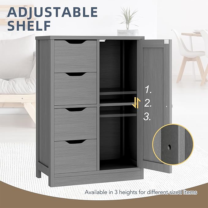 Walsunny Bathroom Floor Storage Cabinet, Wooden Storage Organizer with 4 Drawers and 1 Cupboard, Freestanding Entryway Storage Unit Console Table(Gray)