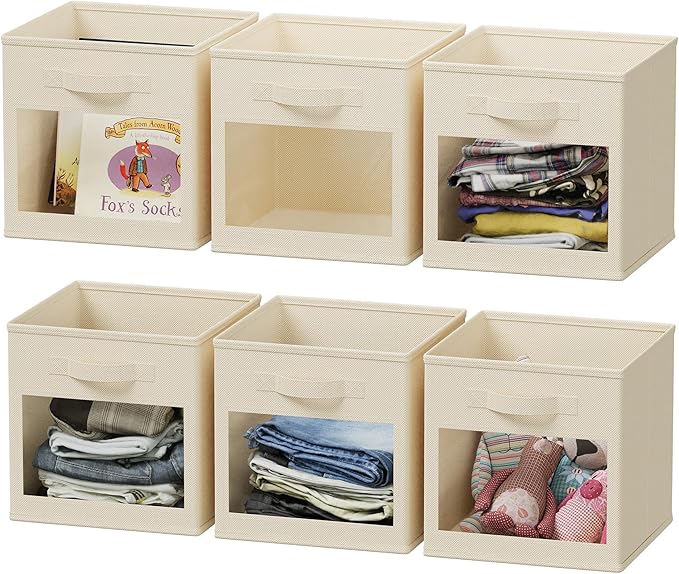 SpaceAid Storage Cubes with Clear Windows, Set of 6 Fabric Bins, 11 Inch Foldable Baskets Boxes for Closet, Cubby Shelf or Cube Storage Organizer, Beige